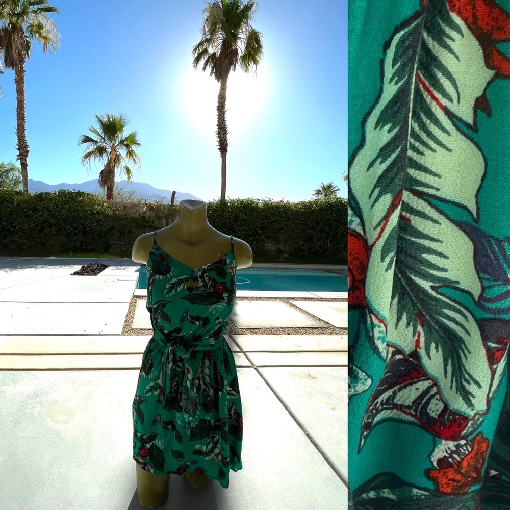Tropical PALM Leaf TIE Front MINI DRESS NWOT Small